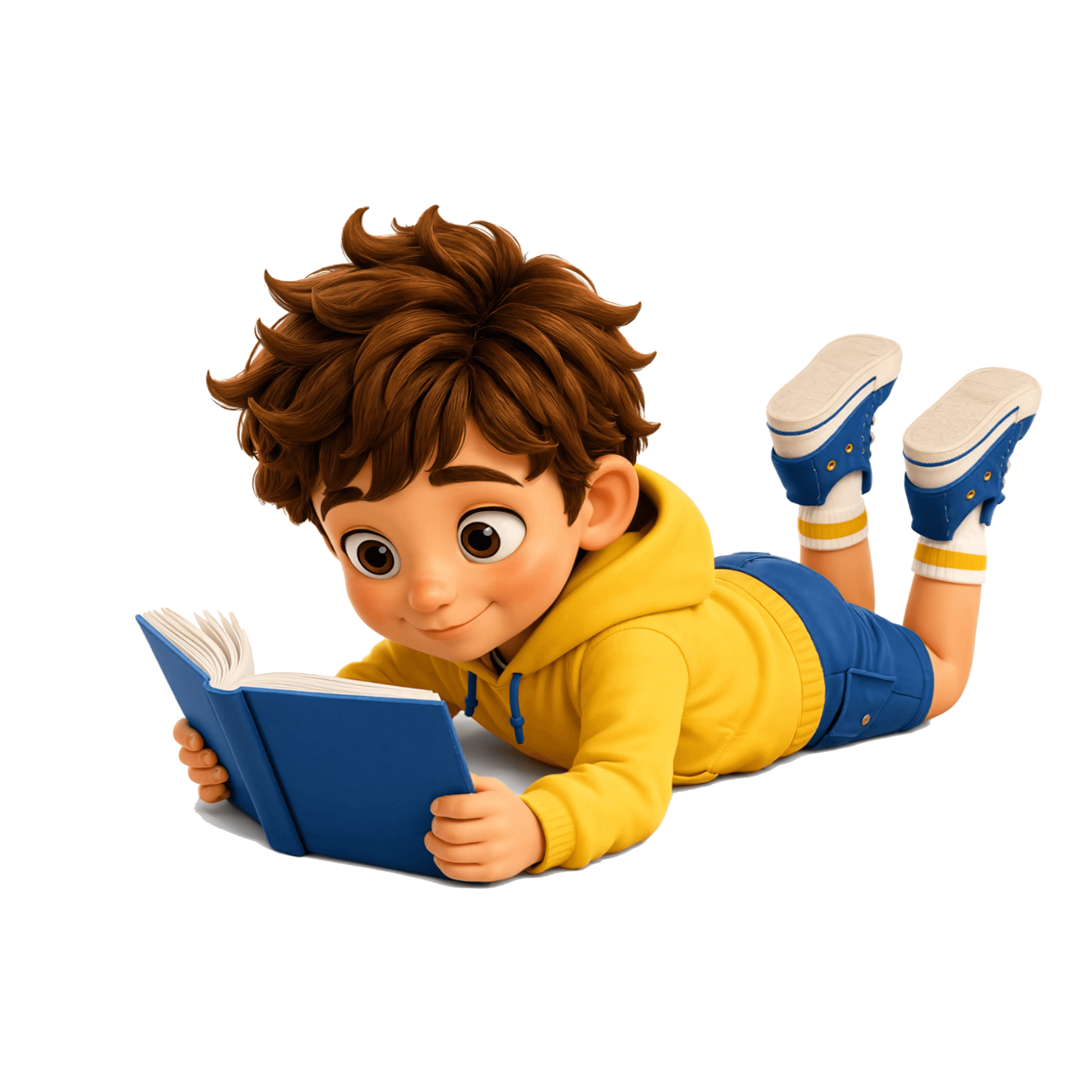 Olli sitting cross-legged reading a book