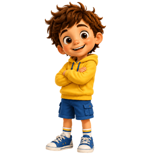 Olli standing with his arms crossed, wearing his yellow hoodie and blue cargo shorts