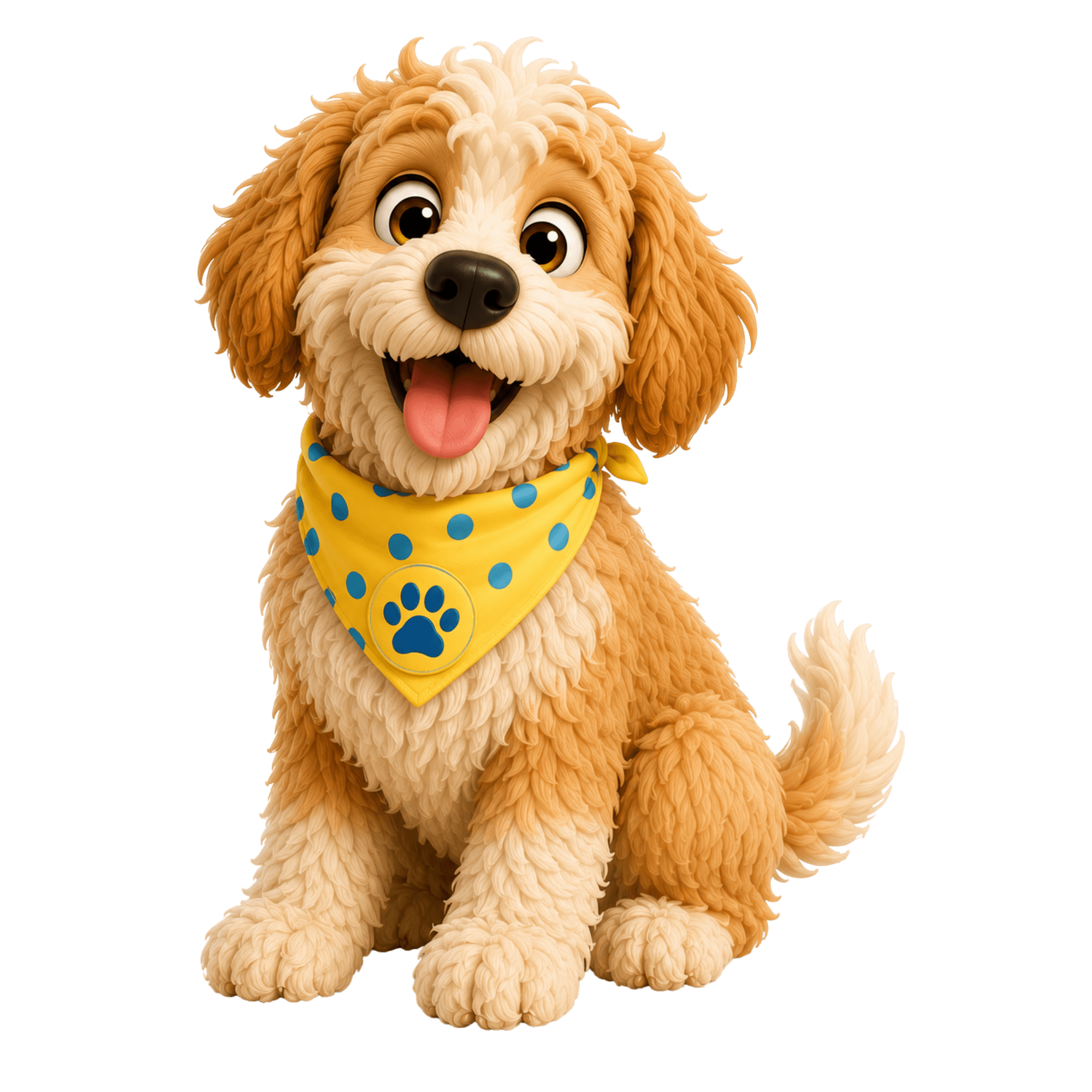 Skip the goldendoodle sitting and smiling, wearing his yellow bandana with blue dots