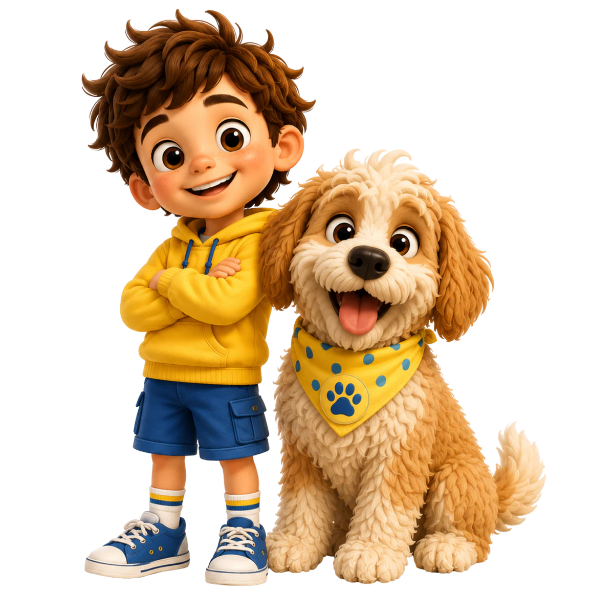 Olli, a young boy in a yellow hoodie and blue shorts, standing with his arm around Skip, a cream and apricot goldendoodle wearing a yellow bandana